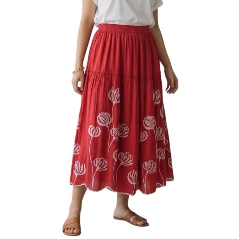 Laffaire Women Floral A Lined Red‎ Embroidered Pull On Maxi Skirt Size M NWT